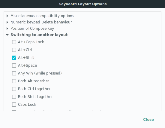 Keyboard > Layouts > Options... window